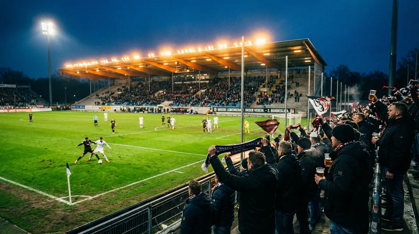 Zweitliga-Fußballstadion mit halb gefüllten Rängen bei Flutlicht - symbolisch für Value-Wetten in der 2. Bundesliga