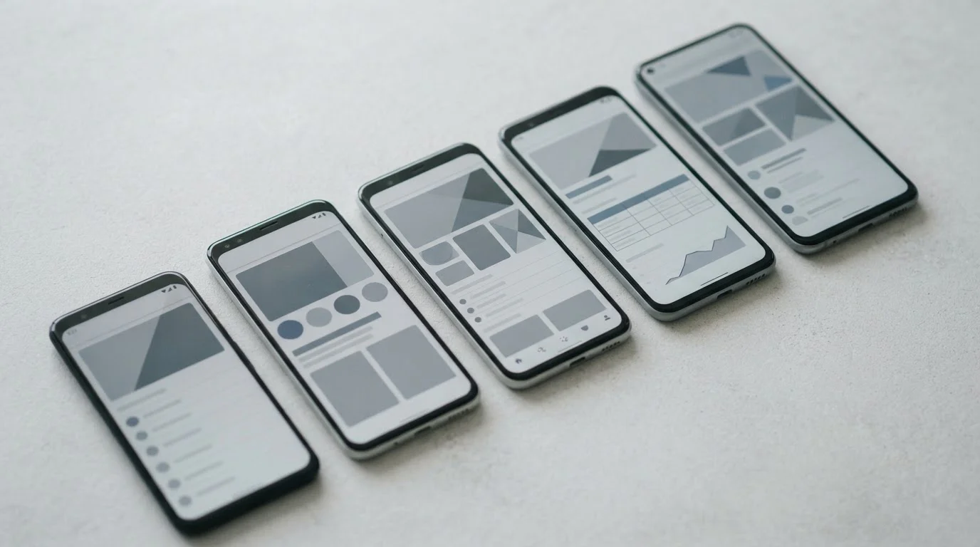 Mehrere Smartphones nebeneinander mit verschiedenen neutralen App-Oberflächen