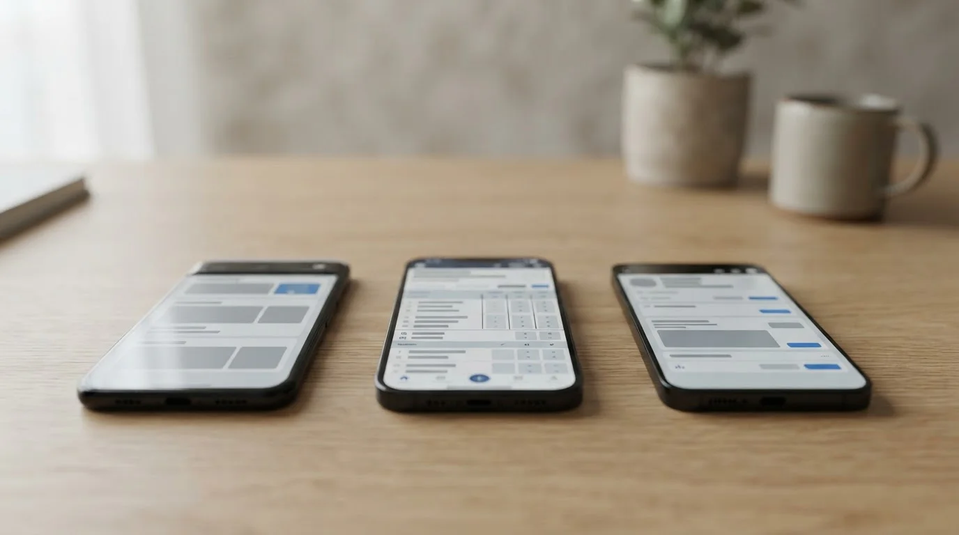Mehrere Smartphones nebeneinander mit abstrakten App-Oberflächen und Tabellenvergleich