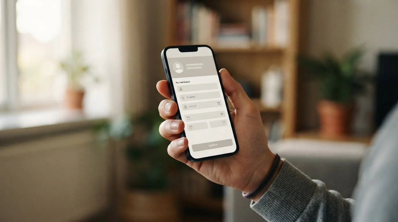 Hand hält Smartphone mit Banking-App und Überweisungsmaske