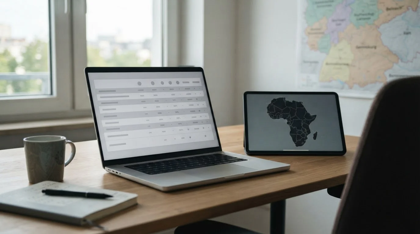 Afrika-Cup-Wettvergleich auf Laptop mit Deutschlandkarte im Hintergrund
