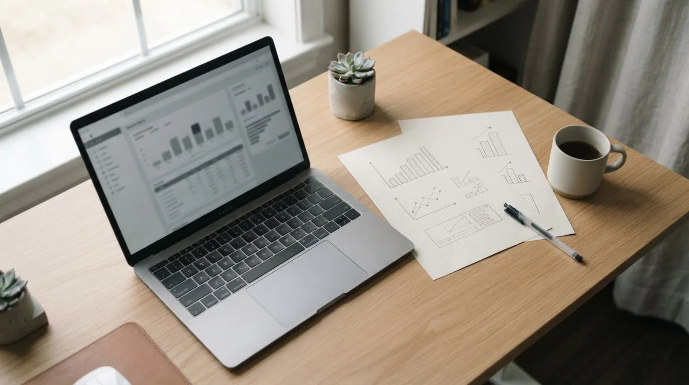 Analytischer Arbeitsplatz mit Laptop und Dokumenten zur Bewertung von Buchmachern