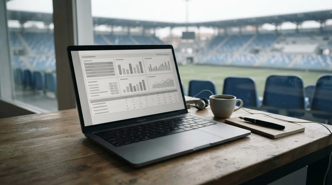 Analyse von Serie-A-Wettquoten auf einem Laptop mit italienischem Fußballstadion im Hintergrund