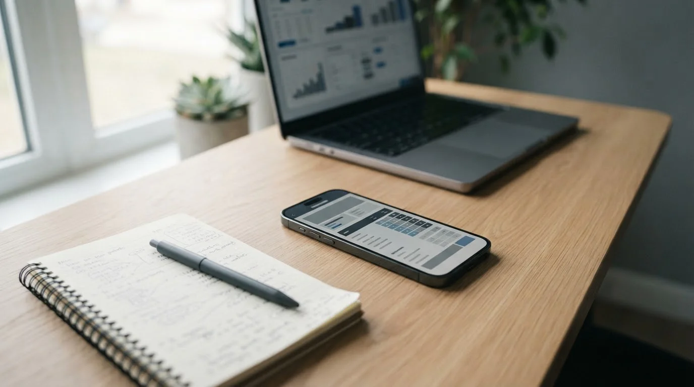Smartphone mit Wett-App auf einem Schreibtisch neben Laptop und Notizen