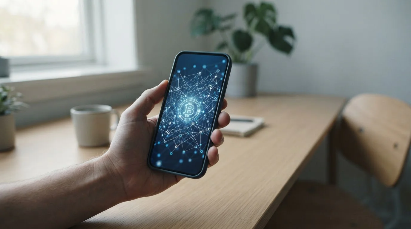 Smartphone zeigt Bitcoin-Transaktion mit Blockchain-Visualisierung