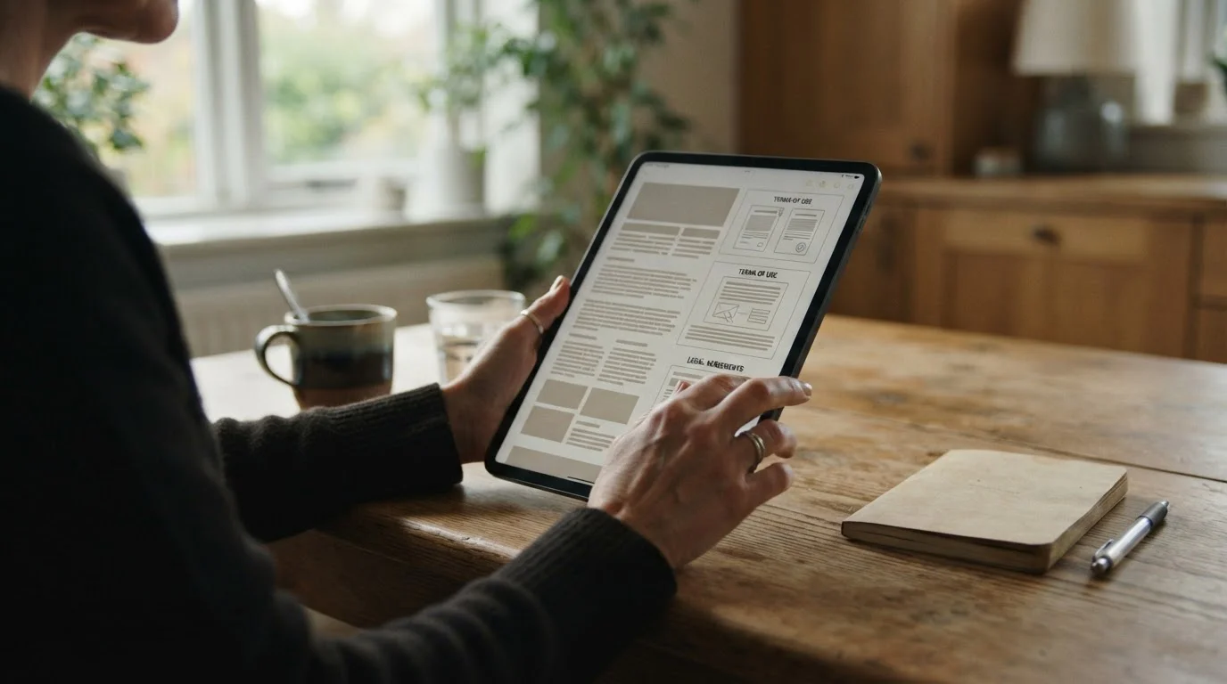 Person liest Bonusbedingungen auf einem Tablet