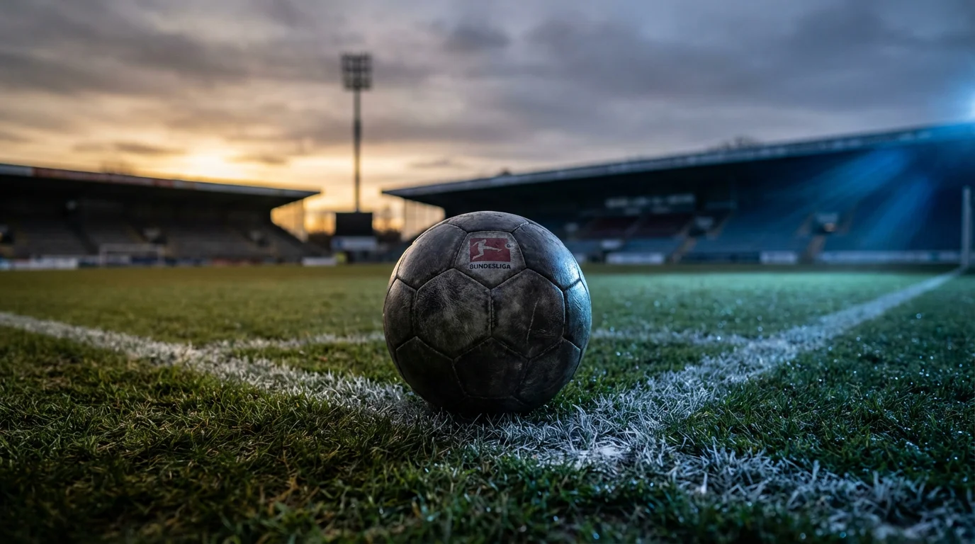 Leeres Bundesliga-Stadion mit dramatischer Beleuchtung und einem einsamen Fußball auf dem Rasen als Symbol für den Abstiegskampf