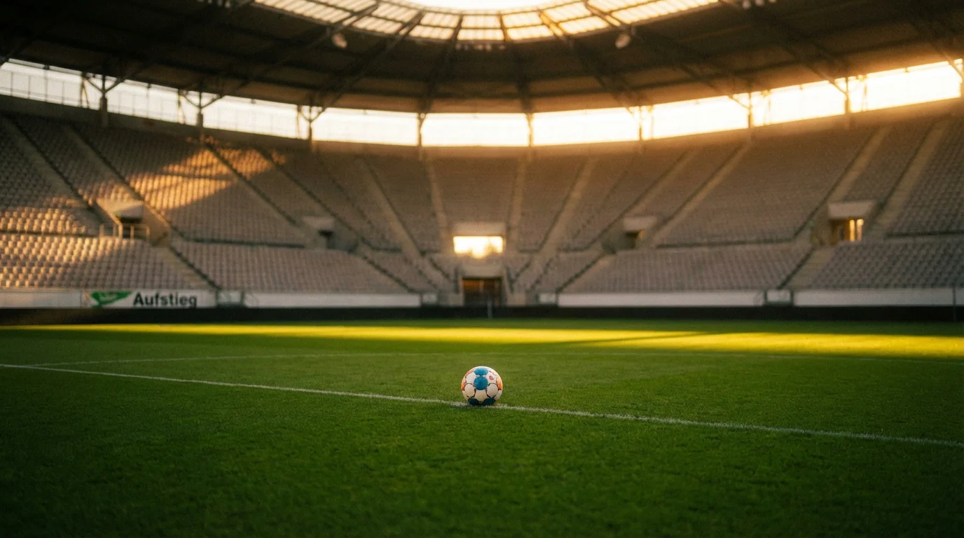 Fußball auf dem Rasen eines leeren Bundesliga-Stadions im Abendlicht, symbolisch für den Aufstieg in die erste Liga
