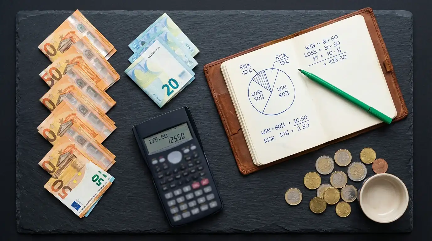 Geordnete Euro-Geldscheine und Münzen neben einem Taschenrechner symbolisieren Bankroll Management