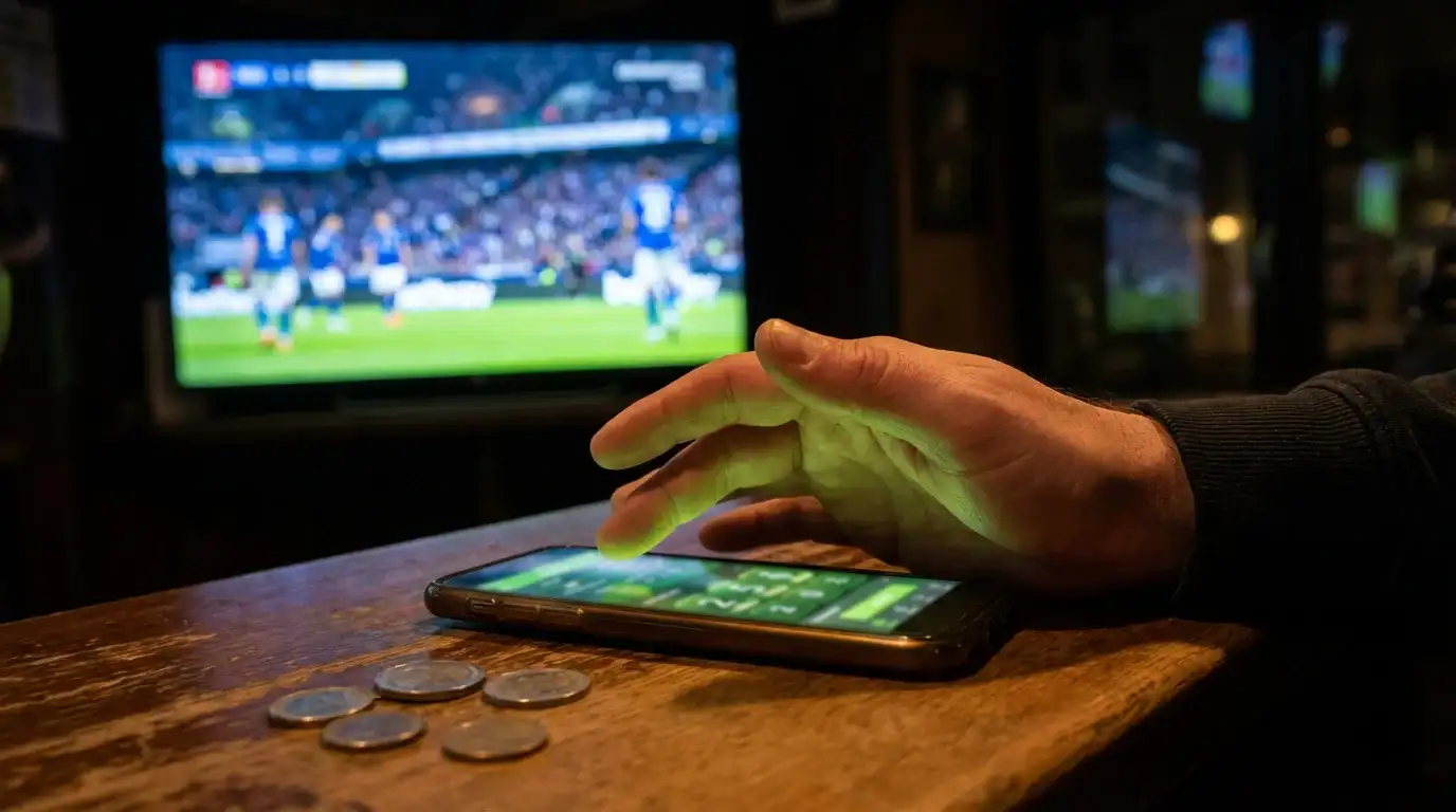 Hand eines Wetters über einem Smartphone mit Bundesliga-Spiel im Hintergrund auf einem Stadionbildschirm, symbolisch für die Cash-Out-Entscheidung bei Sportwetten