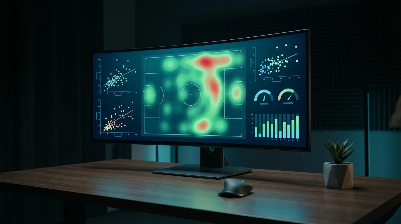 Detaillierte Fußball-Statistiken und Datenvisualisierungen auf einem großen Monitor