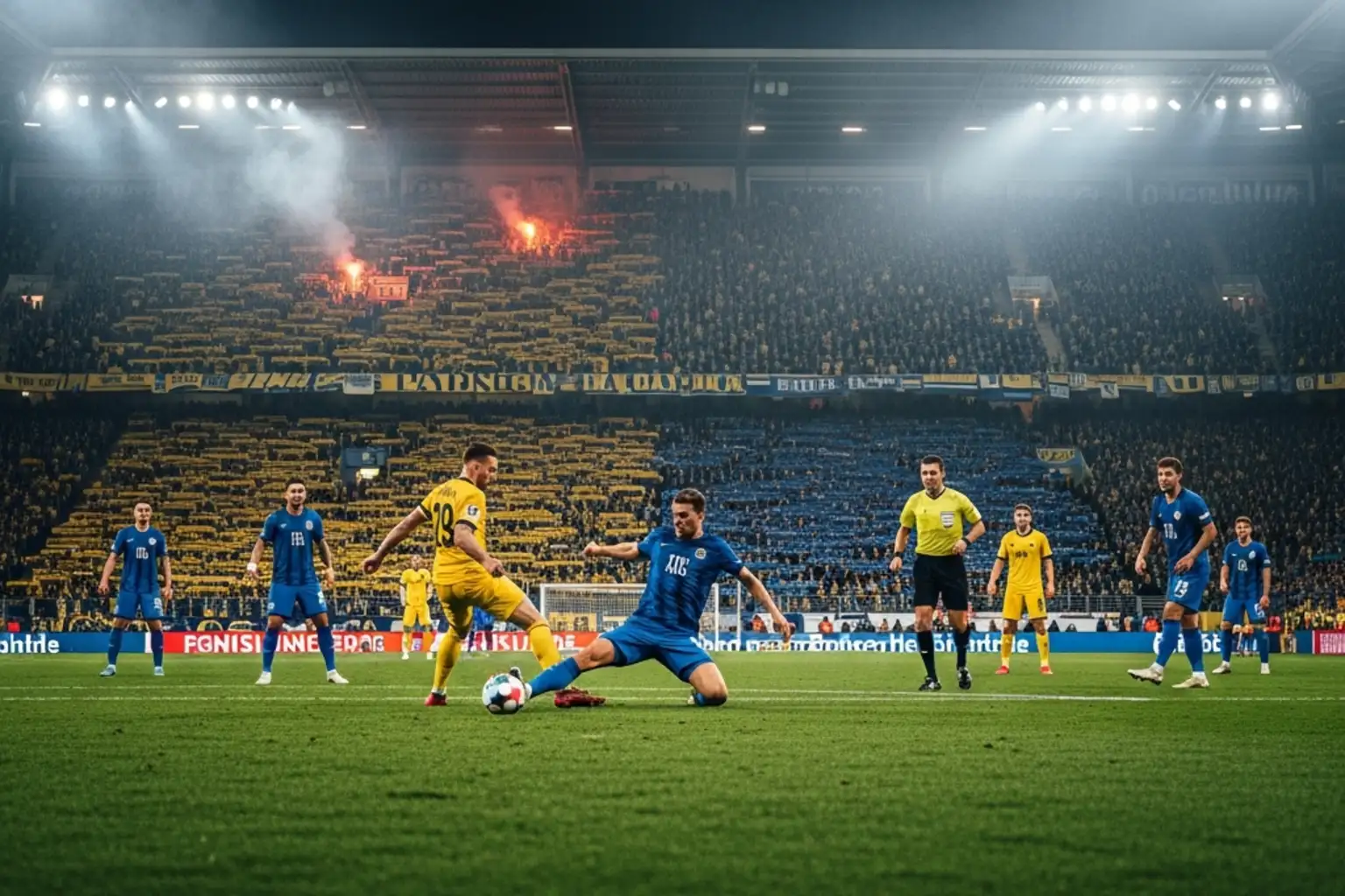 Intensives Bundesliga-Derby im ausverkauften Stadion mit emotionaler Atmosphäre und Pyrotechnik auf den Rängen