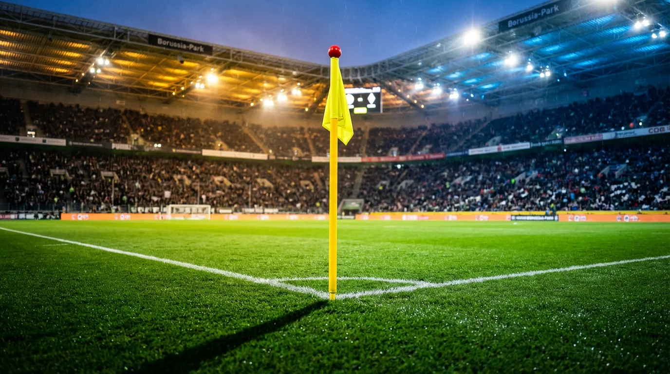 Nahaufnahme einer Bundesliga-Eckfahne auf grünem Rasen mit dramatischer Stadionbeleuchtung im Hintergrund