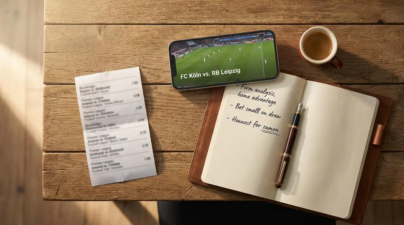 Bundesliga-Wettschein auf einem Holztisch neben einem Smartphone mit Fußballspiel und einem Notizbuch mit Wettstrategie-Notizen