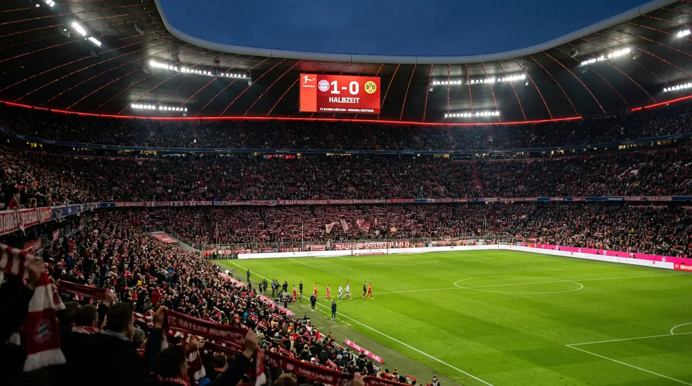 Bundesliga-Fußballstadion zur Halbzeitpause mit Anzeigetafel und Spielfeld bei Flutlicht