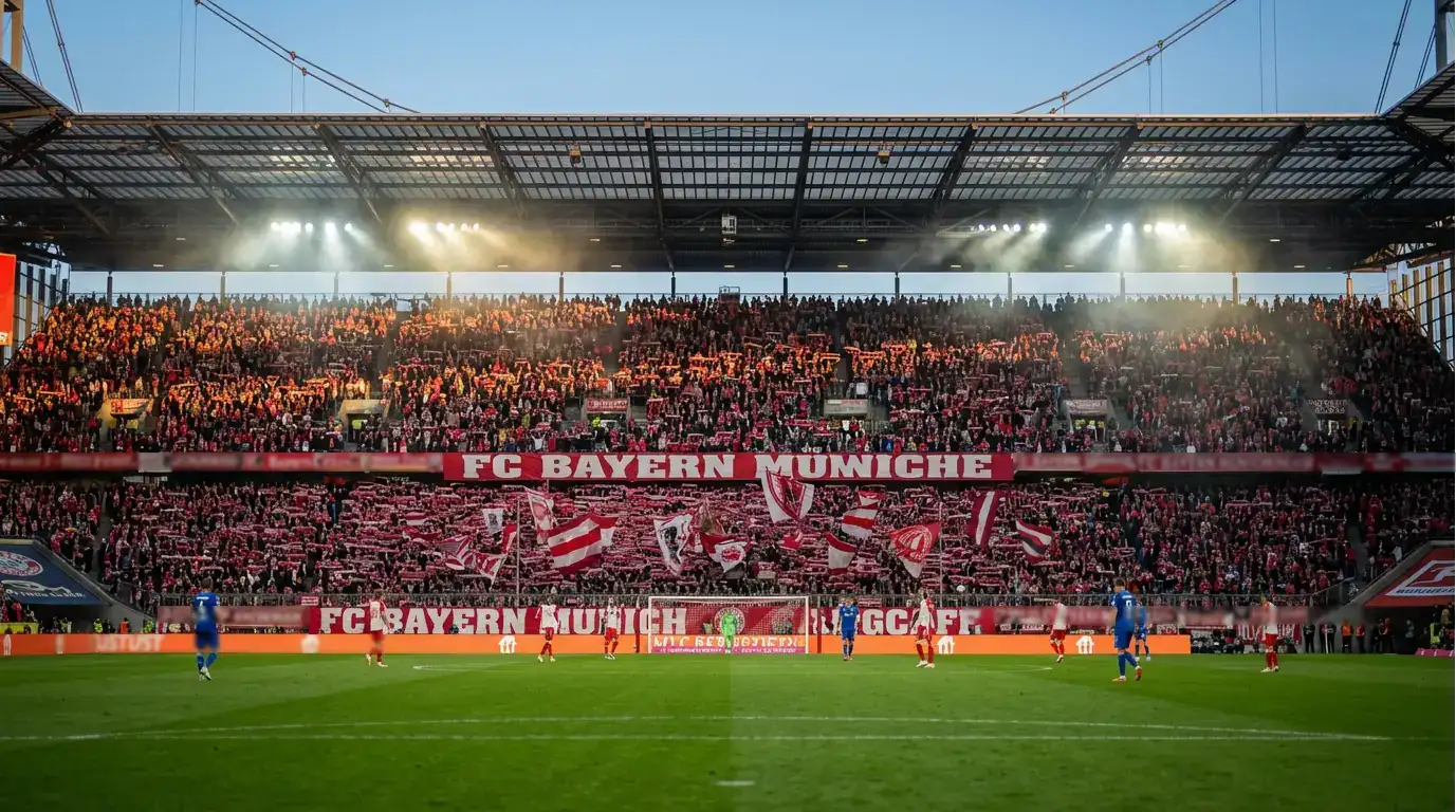 Volles Bundesliga-Stadion bei Flutlicht mit beeindruckender Fankulisse und grünem Rasen als Symbol für den Heimvorteil
