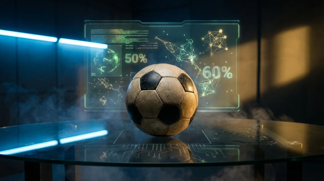 Futuristische Darstellung von KI-gestützter Fußballanalyse mit Datenströmen und einem Fußball