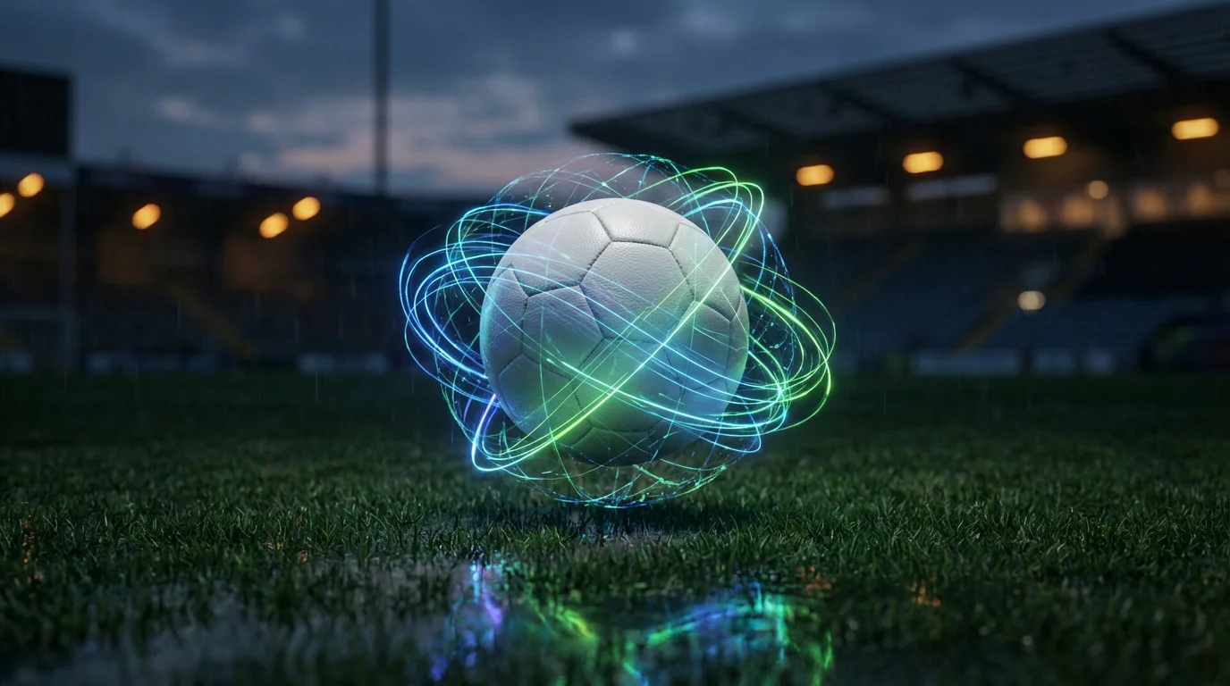 Fußball mit leuchtenden KI-Datenlinien auf einem dunklen Spielfeld