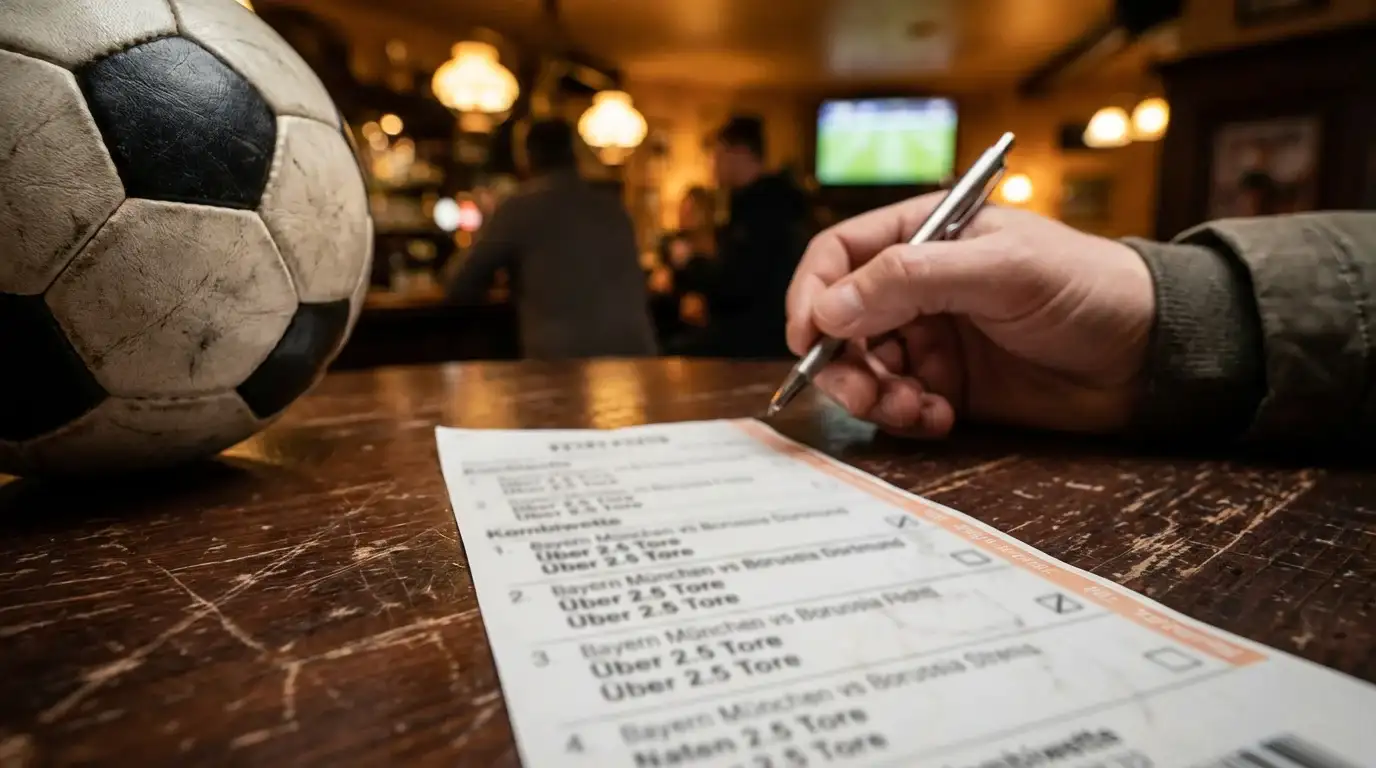 Bundesliga Wettschein mit mehreren Spielpaarungen auf einem Tisch neben einem Fußball, symbolisch für Kombiwetten und deren Risiken