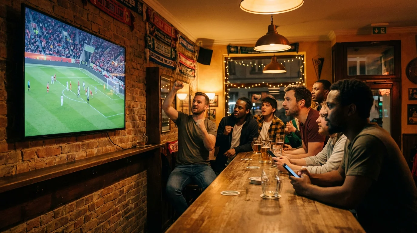 Fußballfans verfolgen ein Bundesliga-Spiel live auf einem großen Bildschirm in einer Sportsbar