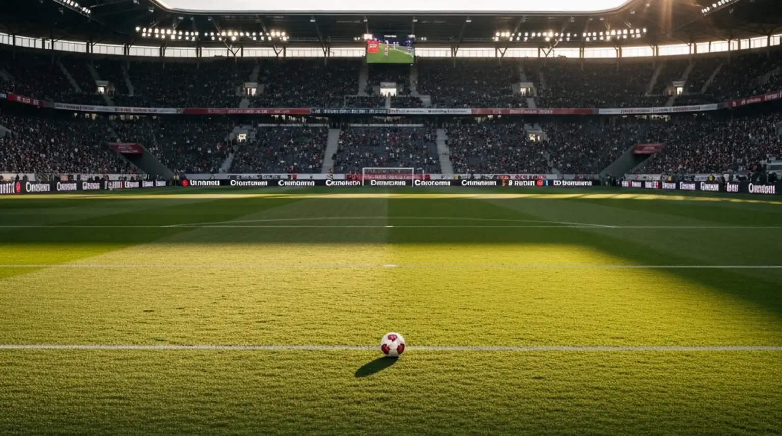 Leeres Bundesliga-Stadion am Saisonende mit vereinzelten Fans und einem einsamen Fußball auf dem Rasen