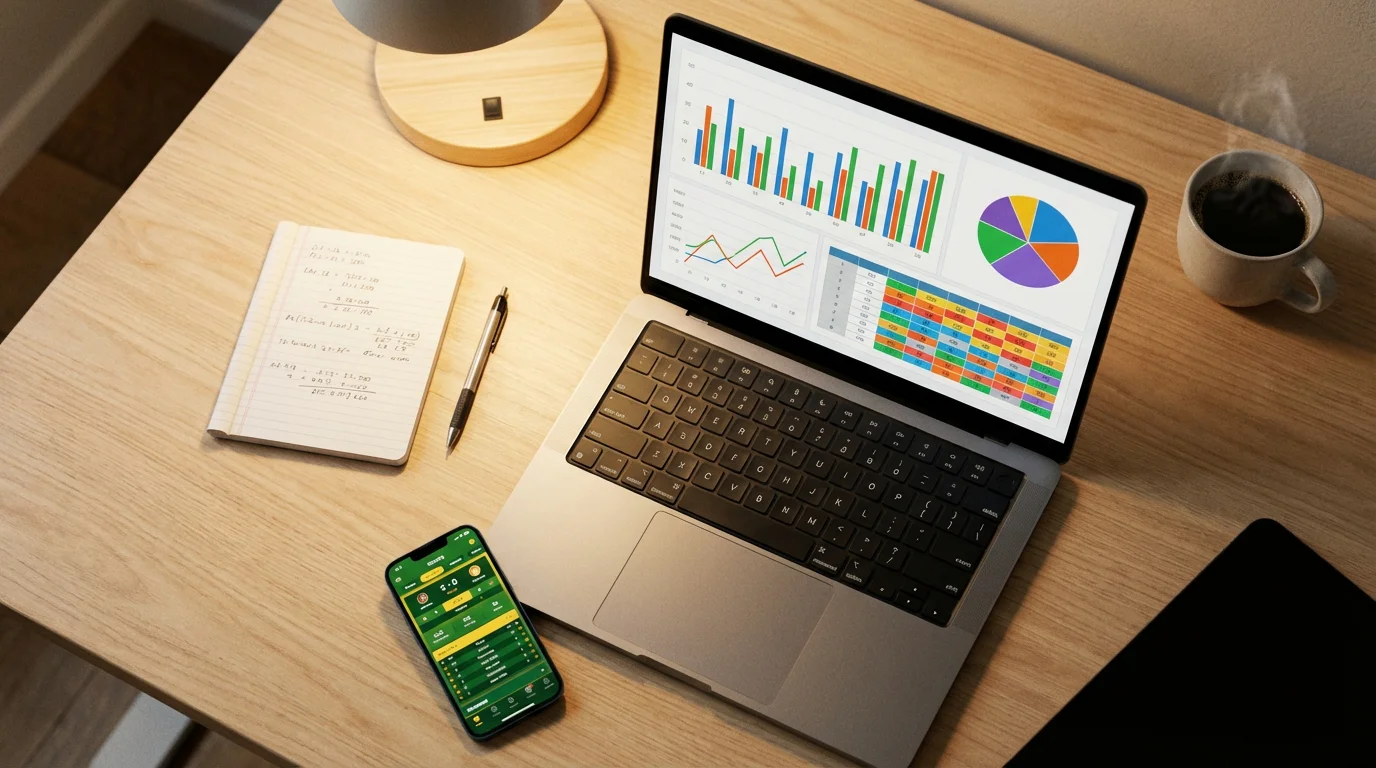 Laptop mit Sportwetten-Quotenvergleich und Statistiken auf einem Schreibtisch