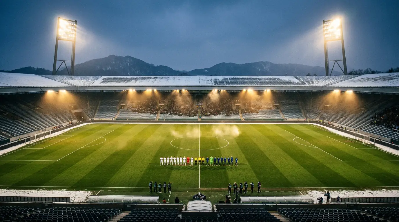 Bundesliga-Stadion im Winter mit schneebedeckten Rängen und Flutlicht bei einem Rückrundenspiel