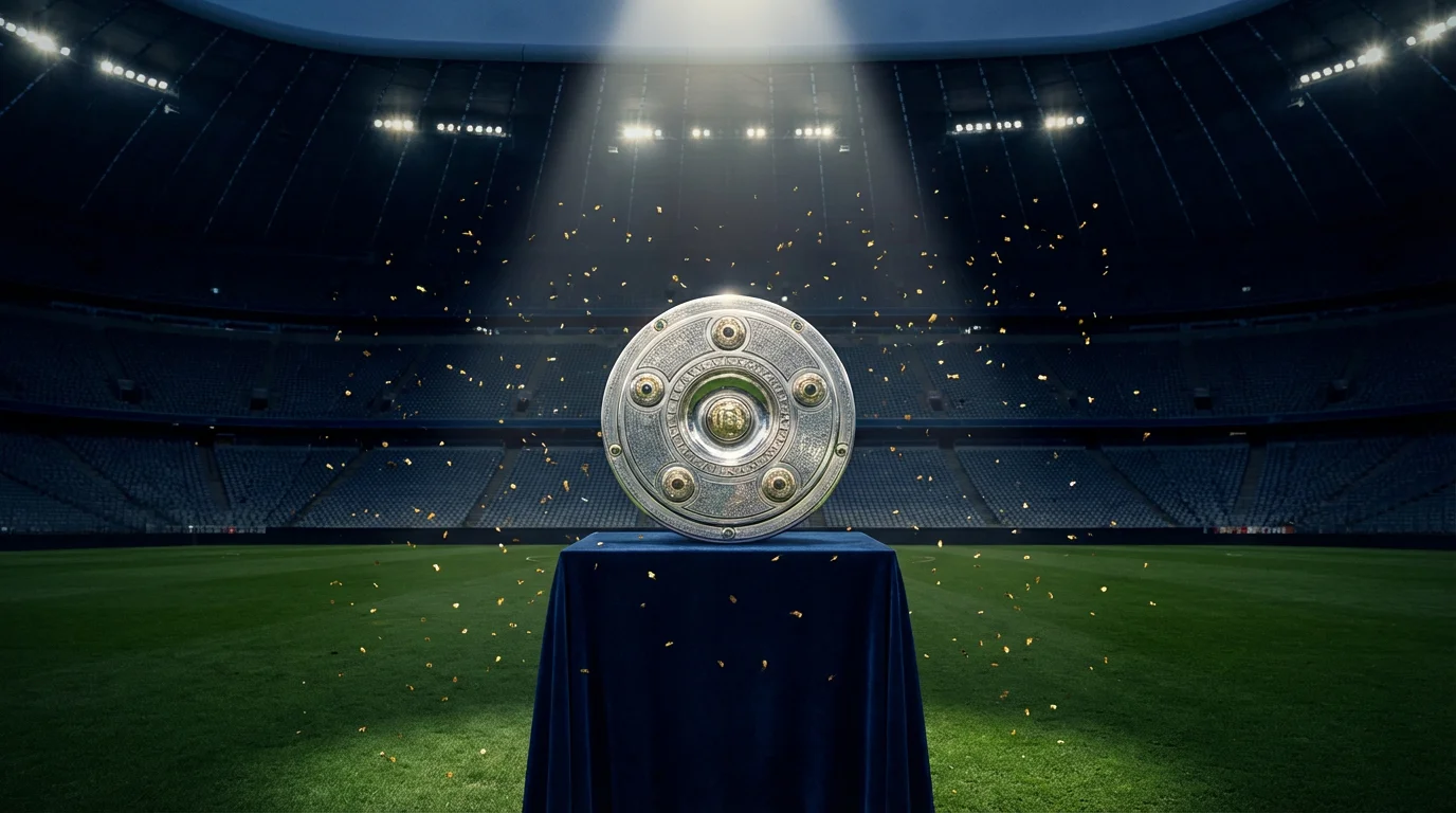 Glänzende Bundesliga-Meisterschale auf einem Podest im Stadion