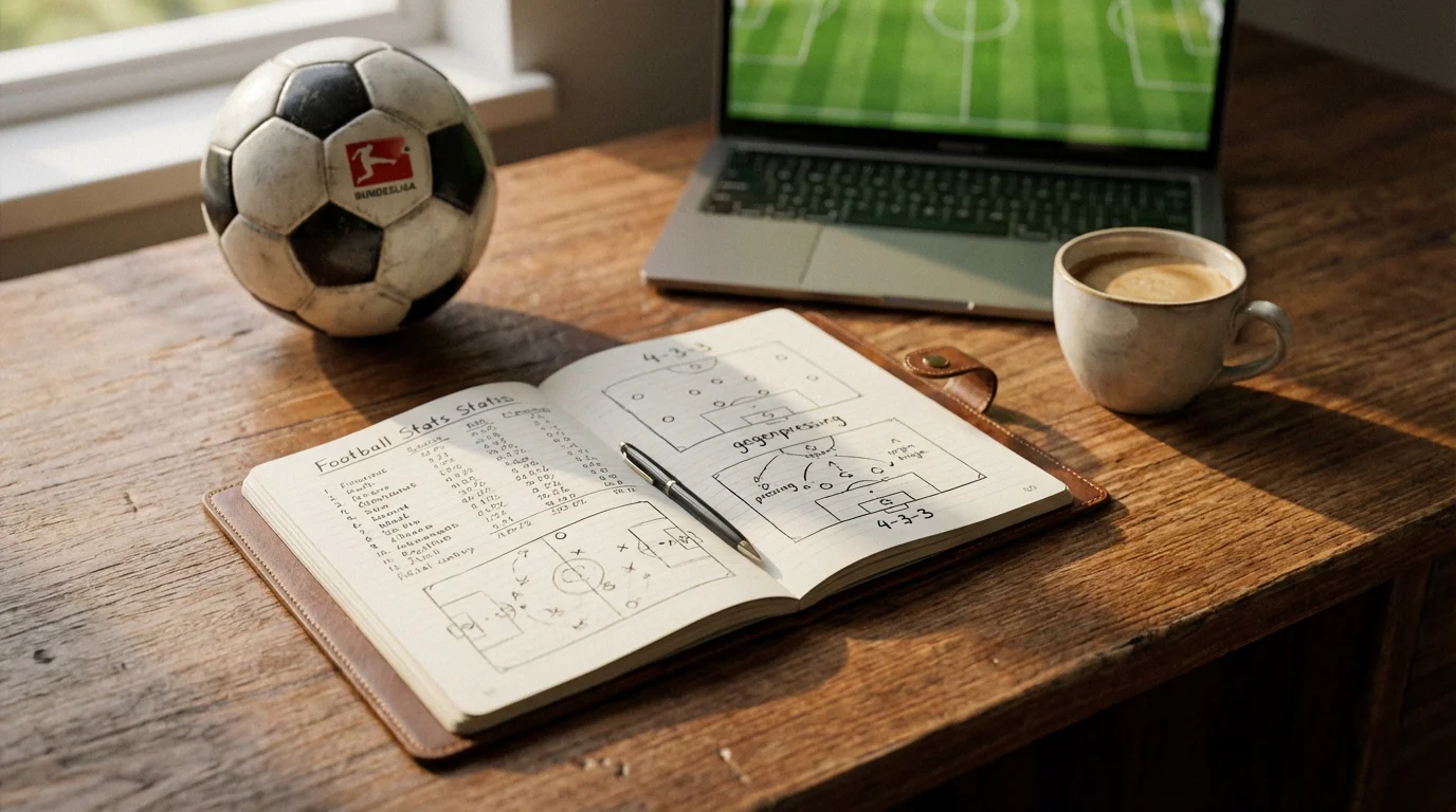 Bundesliga Spieltag-Vorschau: Notizbuch mit Fußball-Statistiken und Stift auf einem Holztisch neben einem Fußball