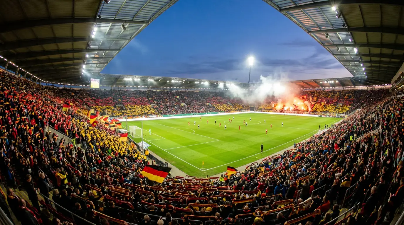 Volles Bundesliga-Stadion bei Flutlicht mit begeisterten Fans und grünem Rasen