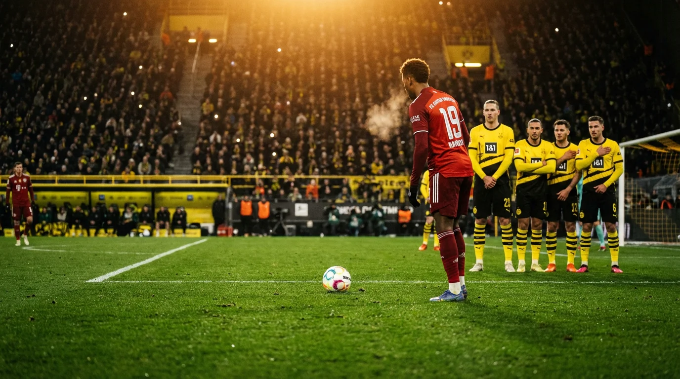 Bundesliga-Freistoß bei Flutlicht - Spieler steht vor dem Ball an der Strafraumgrenze mit aufgestellter Mauer