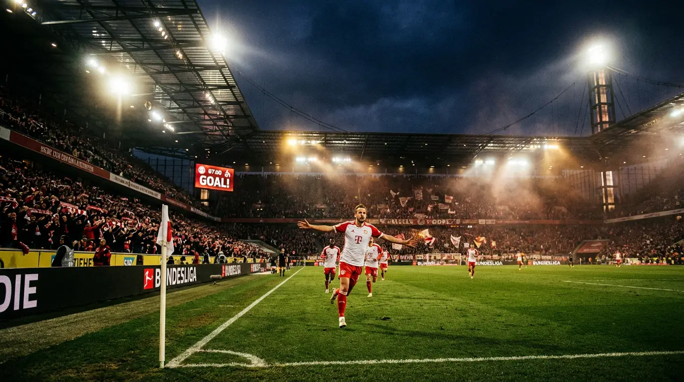Bundesliga-Stadion in der Schlussphase eines Spiels mit dramatischer Flutlichtbeleuchtung und jubelnden Fans