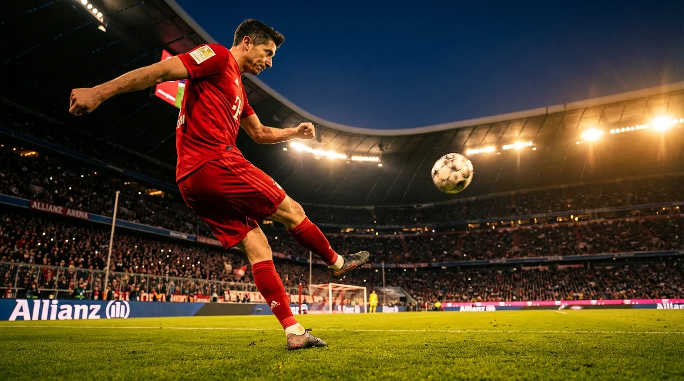 Fußballstürmer im Bundesliga-Stadion beim kraftvollen Torschuss unter Flutlicht