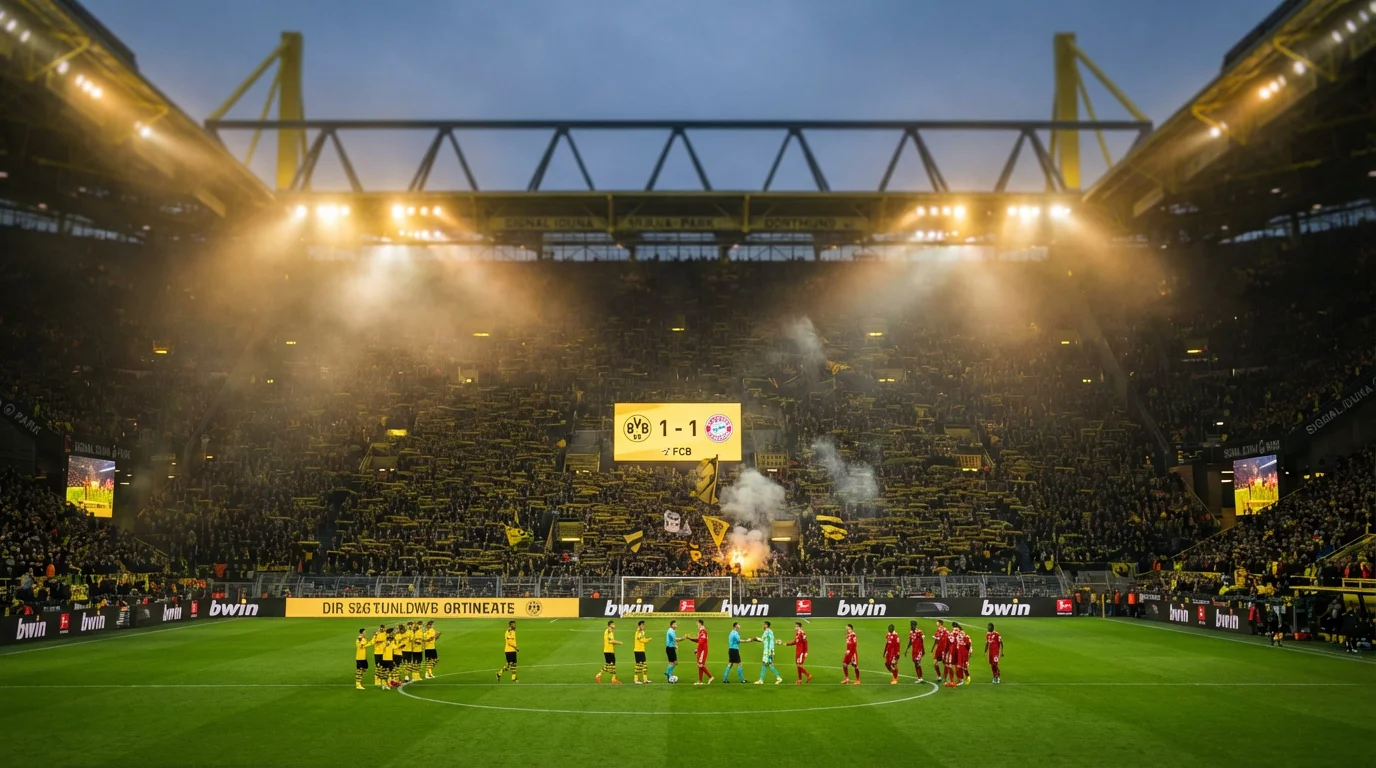 Bundesliga-Fußballspiel im Stadion mit Anzeigetafel die ein Unentschieden zeigt