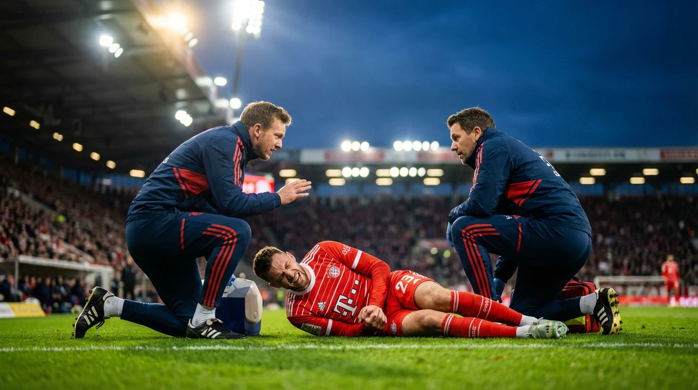 Bundesliga-Spieler mit Knieverletzung wird auf dem Rasen von Sanitätern behandelt, dramatische Stadionbeleuchtung