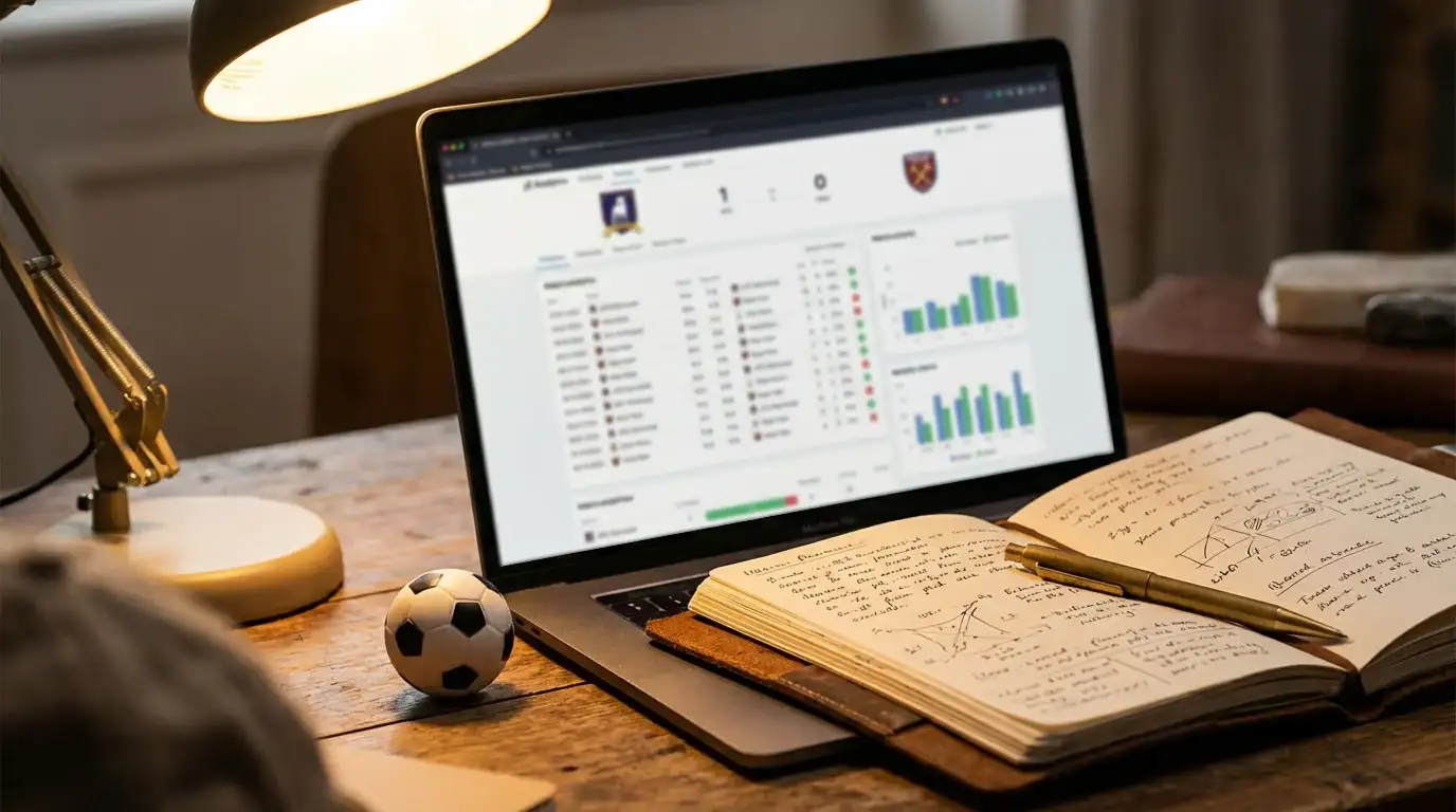 Laptop auf einem Schreibtisch zeigt Bundesliga-Fußballstatistiken, daneben ein Notizbuch mit handschriftlichen Notizen und ein Fußball