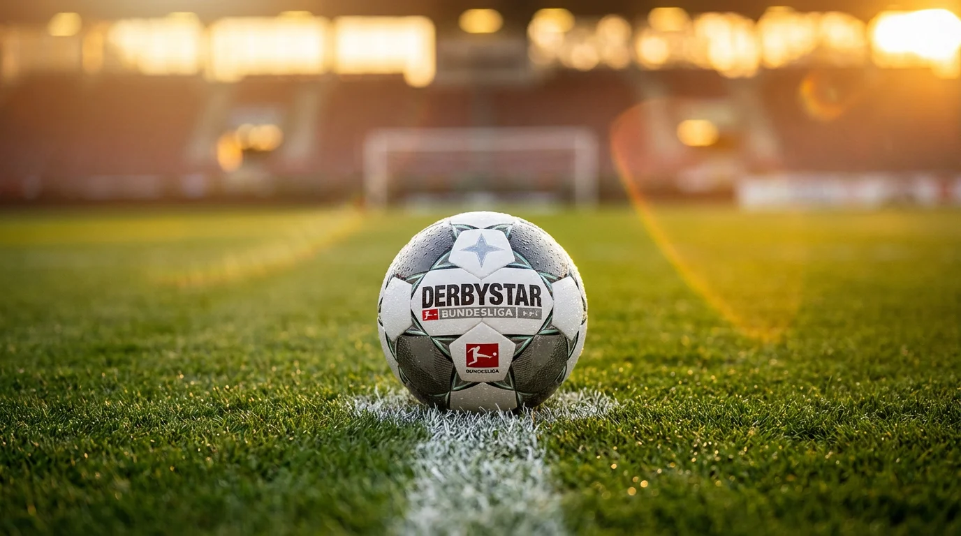 Fußball auf der Mittellinie eines Bundesliga-Spielfelds bei Flutlicht