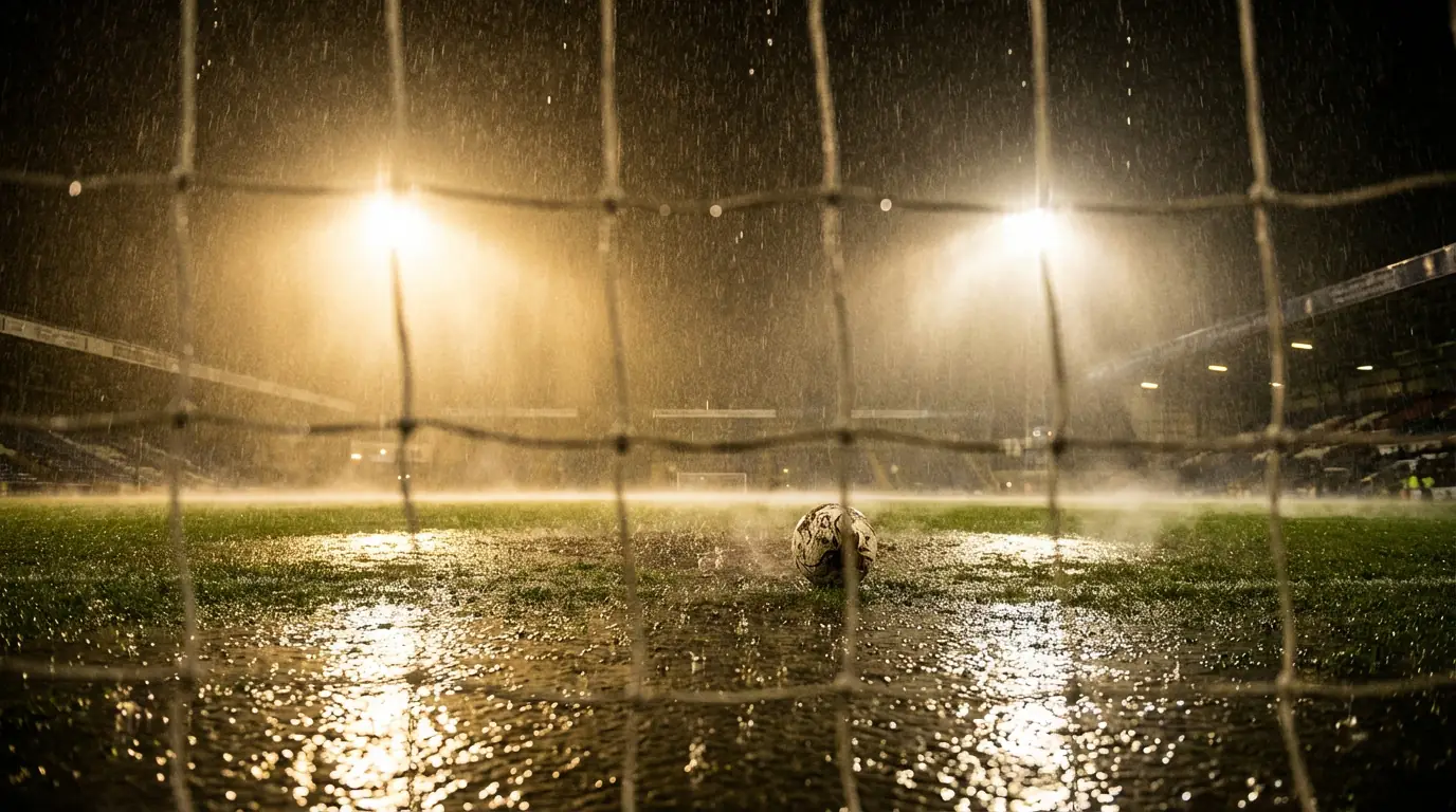 Bundesliga-Fußballspiel bei starkem Regen und Flutlicht auf nassem Rasen - Wetter als Wettfaktor