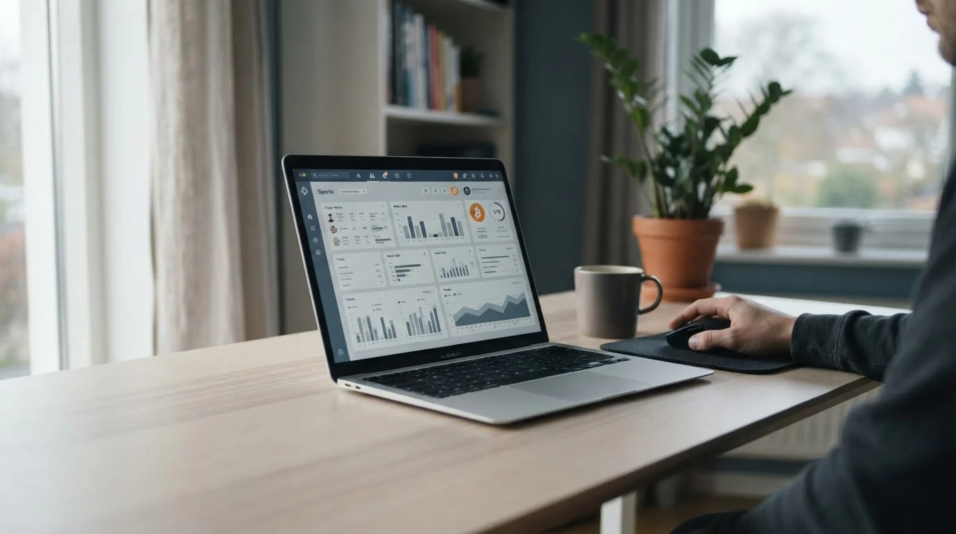 Bitcoin-Symbol auf Laptop-Bildschirm neben Sportstatistiken