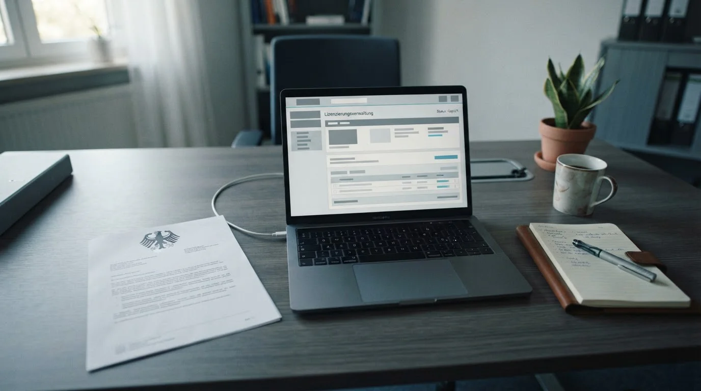 Offizielles Dokument mit deutschem Bundesadler neben einem Laptop auf einem Schreibtisch