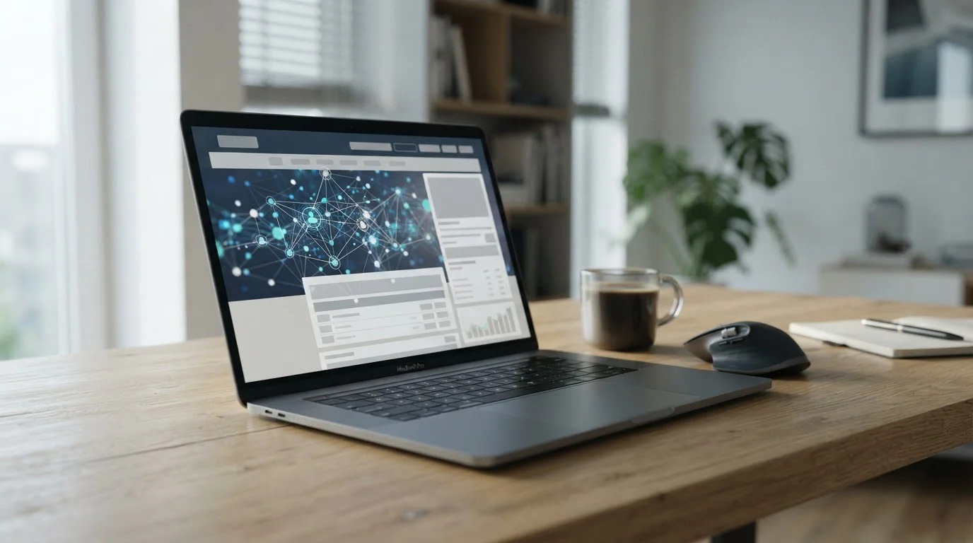 Laptop mit abstraktem Blockchain-Netzwerk und Wettplattform-Interface auf dem Bildschirm