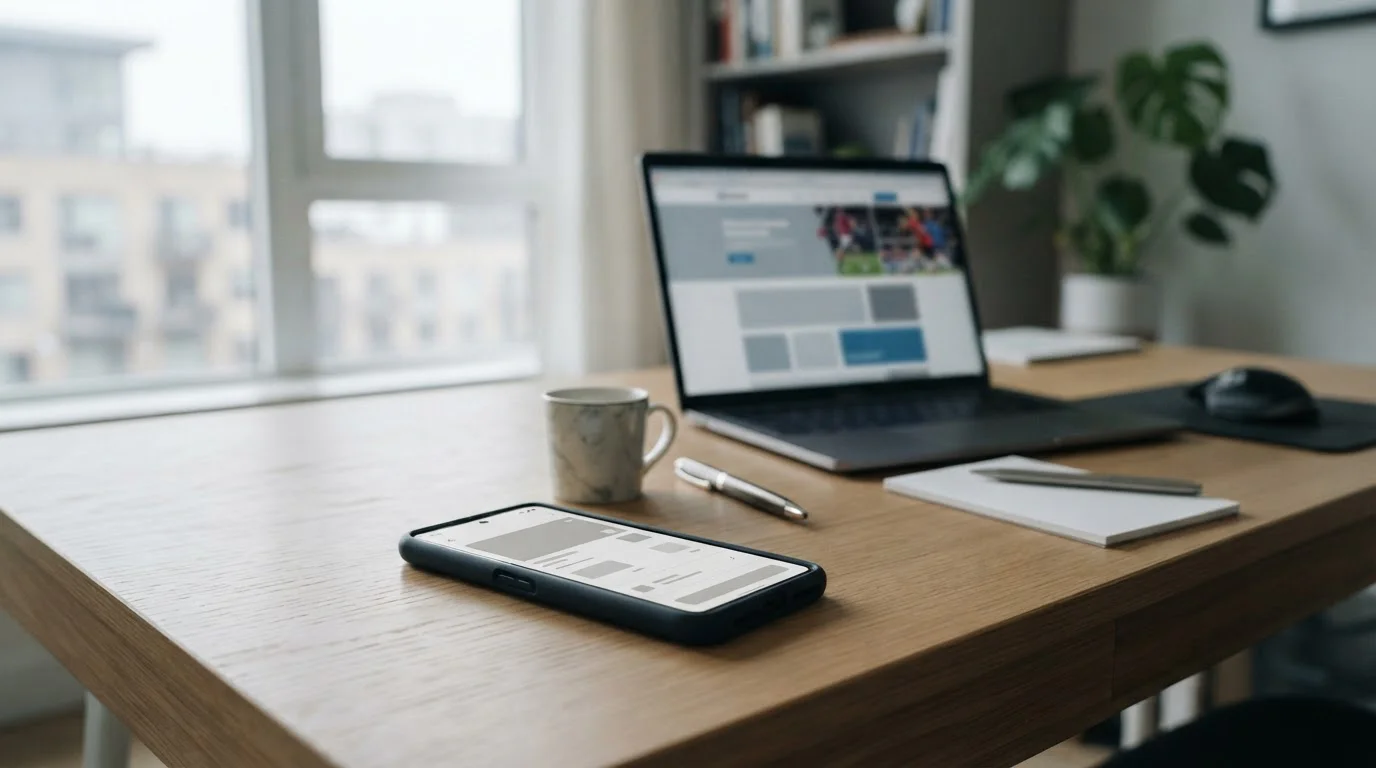 Smartphone mit digitaler Payment-App auf neutralem Schreibtisch neben Laptop mit Wettseite