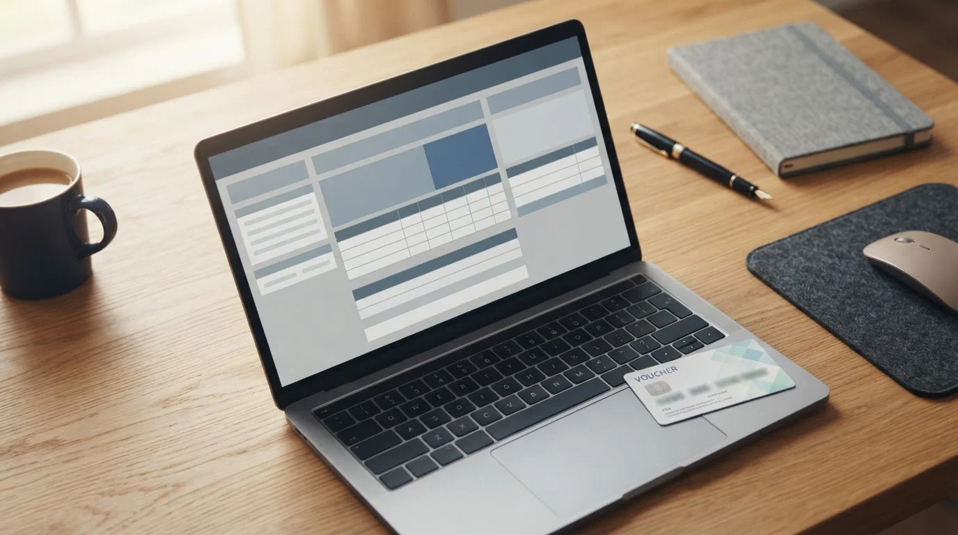 Schreibtisch mit Laptop und Paysafecard-Voucher für Sportwetten-Einzahlungen