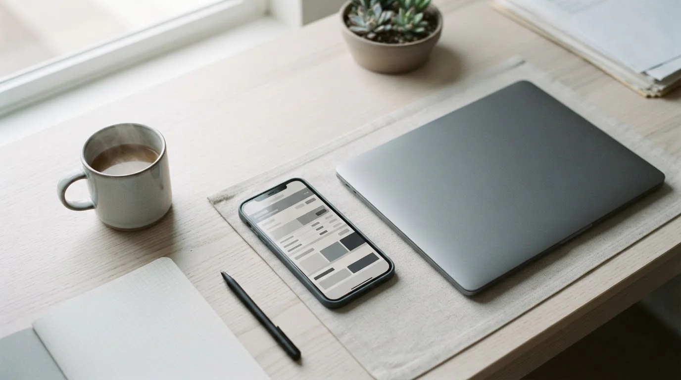 Smartphone mit neutraler Zahlungsschnittstelle auf einem Schreibtisch neben Laptop in gedämpftem Tageslicht