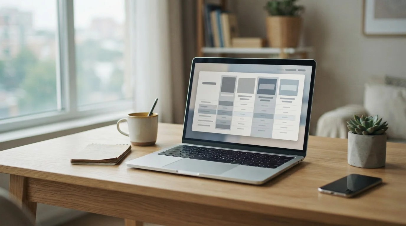 Laptop mit neutraler Vergleichsoberfläche auf minimalistischem Schreibtisch zur Recherche von Wettanbietern