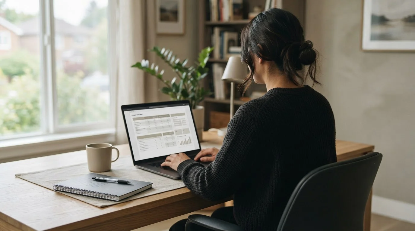 Person analysiert Wettanbieter-Vergleich am Laptop in neutraler Arbeitsumgebung
