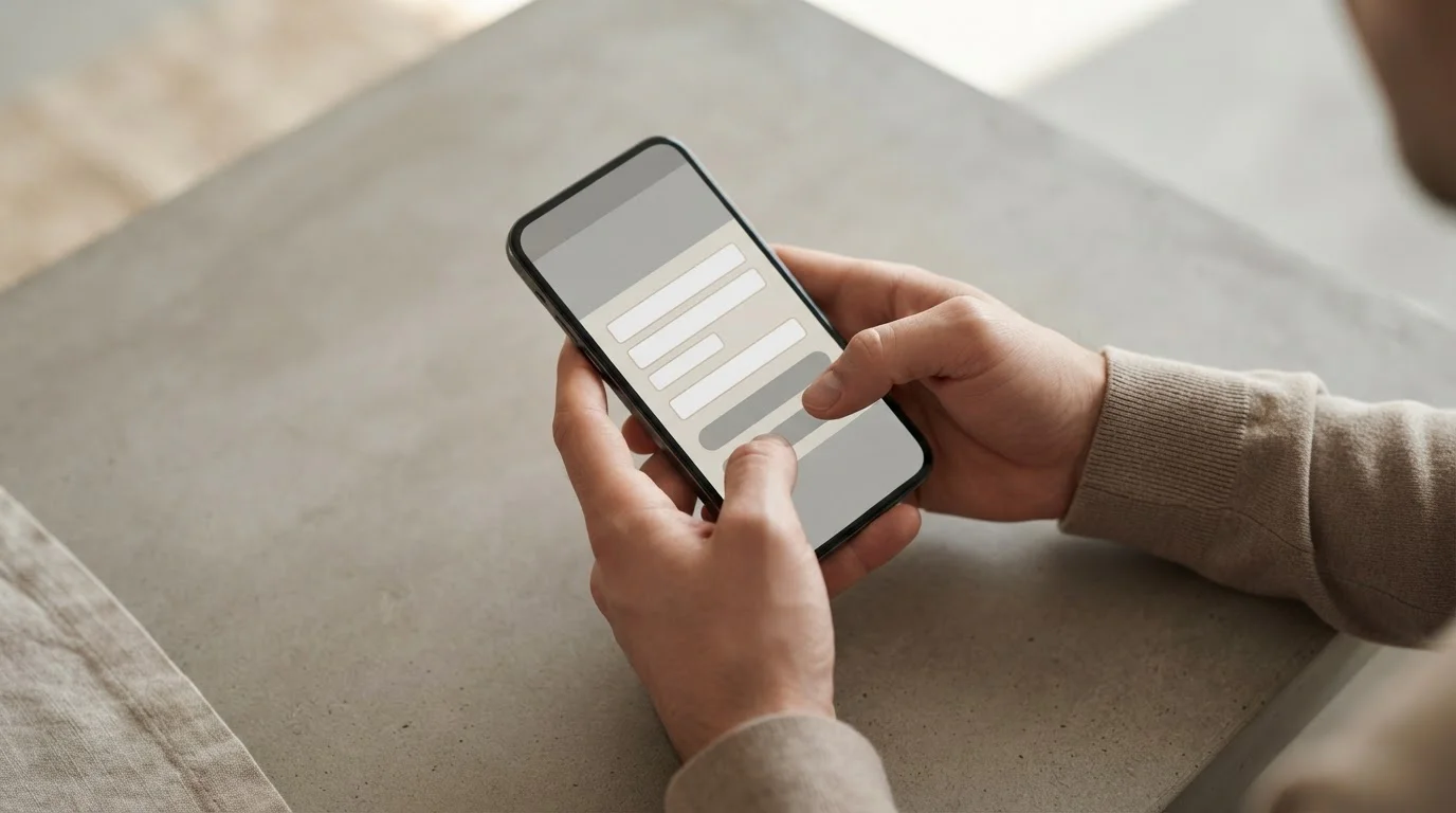 Hände über Smartphone bei Zahlungsvorgang auf neutraler Oberfläche