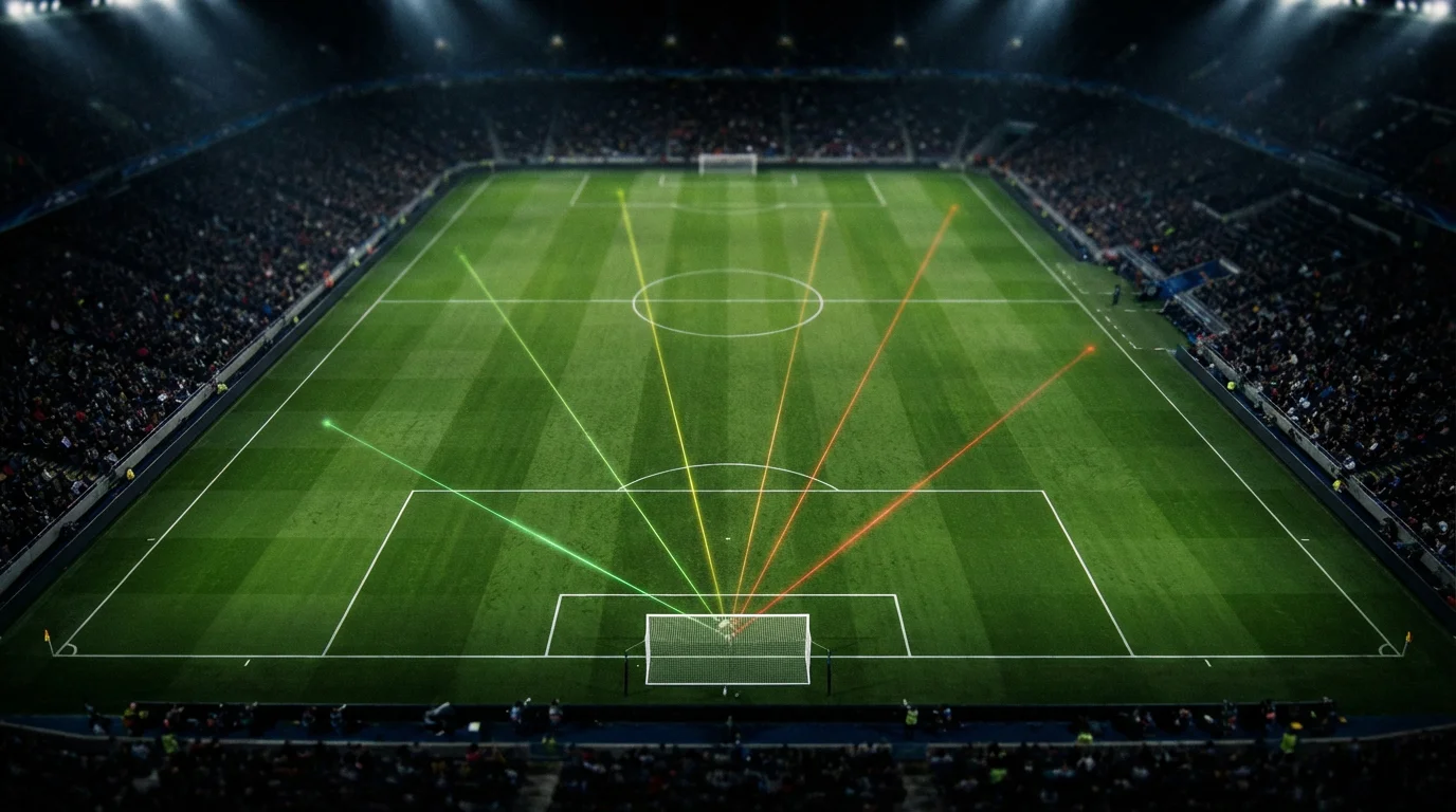 Fußballfeld aus der Vogelperspektive mit Schusslinien zum Tor als Symbol für Expected Goals Analyse in der Bundesliga