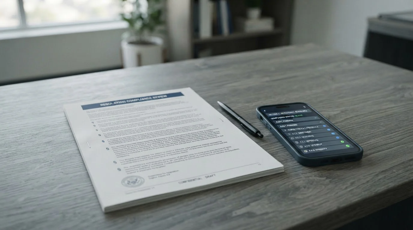 Dokument mit Paragrafenzeichen und Smartphone mit behördlicher Whitelist-Ansicht