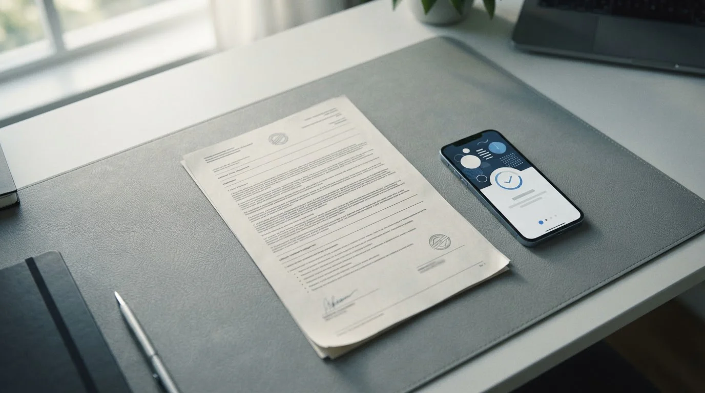 Offizielle Dokumente und Smartphone mit Verifizierungsprozess